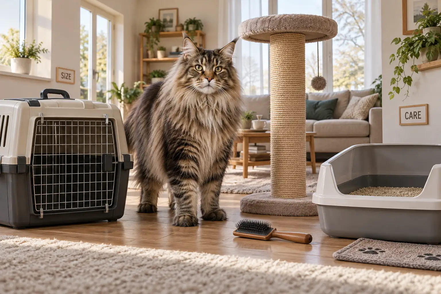 一只大型家猫站在大号航空箱、猫抓柱、猫砂盆和梳毛刷旁边，用于说明体型与照护规划。
