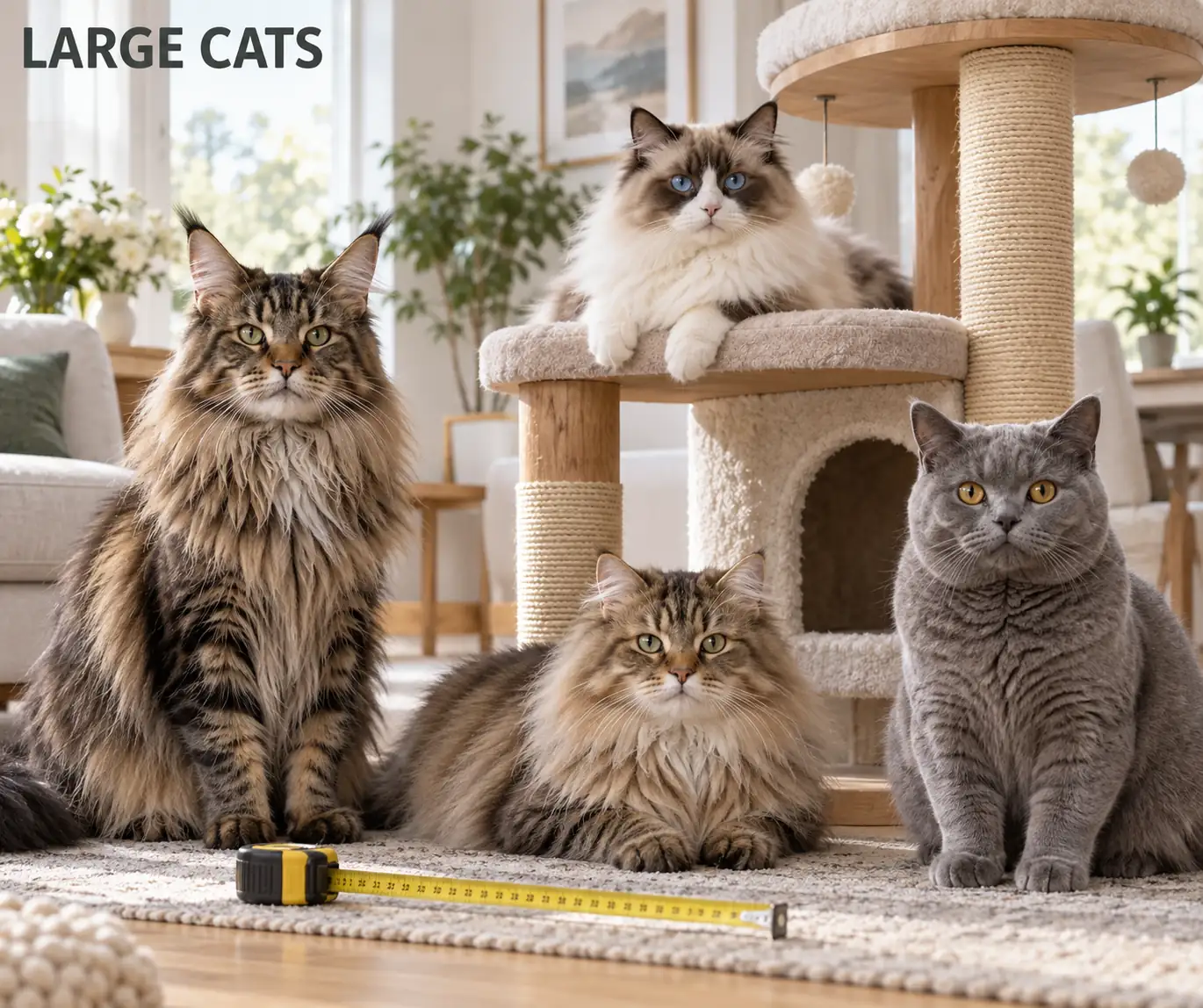 四只大型家猫与结实的猫爬架和卷尺同框，用于说明体型比较而不是品种排名。